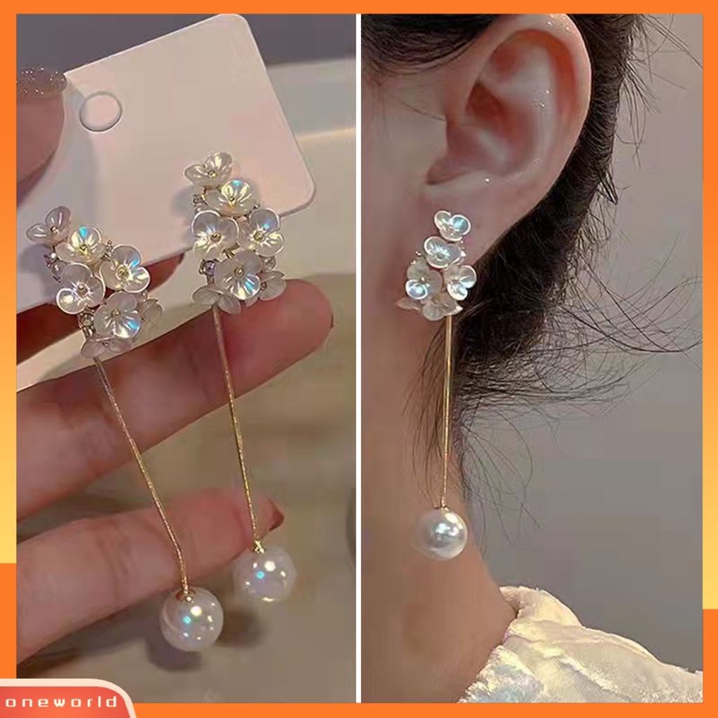 [WOD] 1pasang Anting Wanita Bunga Mutiara Imitasi Perhiasan Electroplating Panjang Jumbai Menjuntai Earrings Untuk Pesta Cocktail