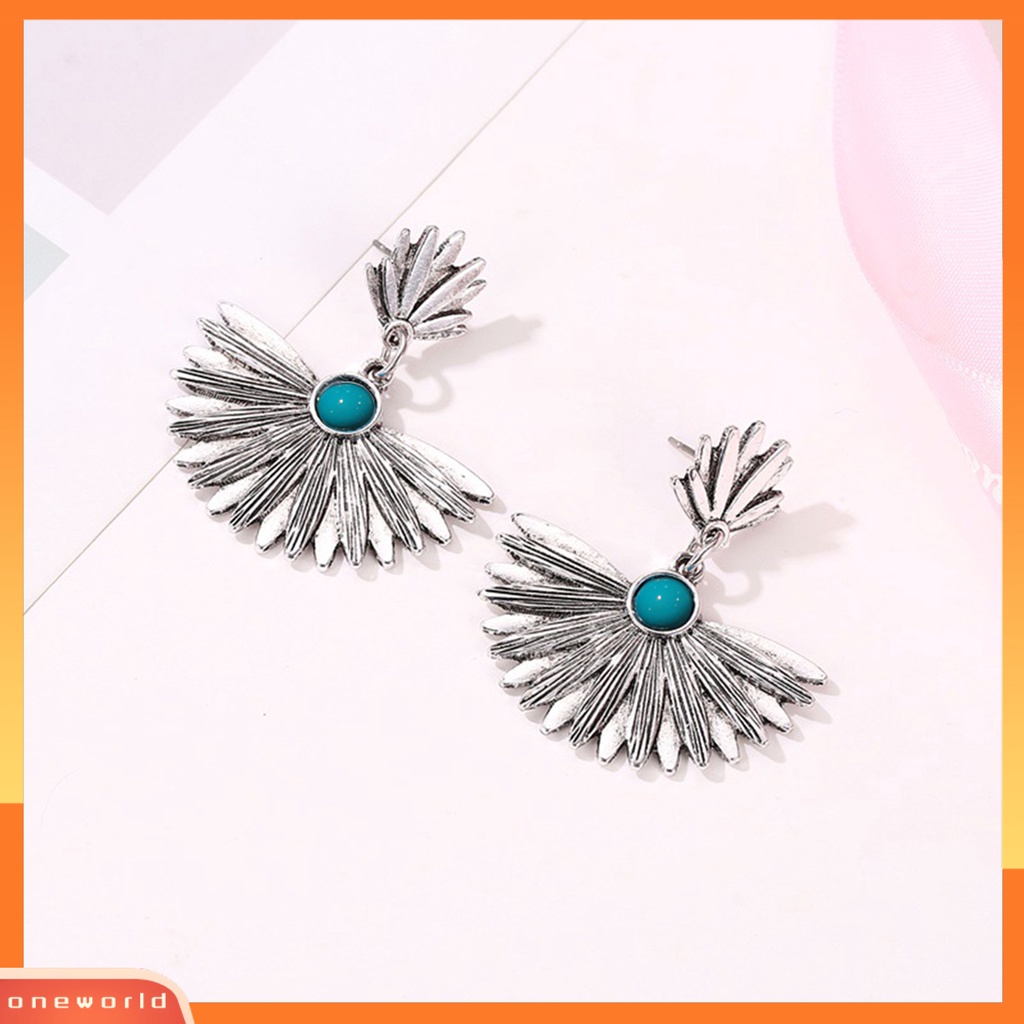 [WOD] Vintage Faux Turquoise Inlay Metal Bentuk Kipas Liontin Wanita Stud Earrings Jewelry