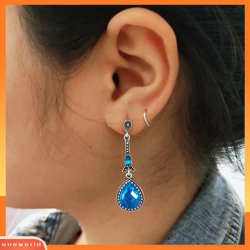 [WOD] Vintage Wanita Berlian Imitasi Bertatahkan Panjang Menjuntai Anting Tetesan Air Eardrops Perhiasan