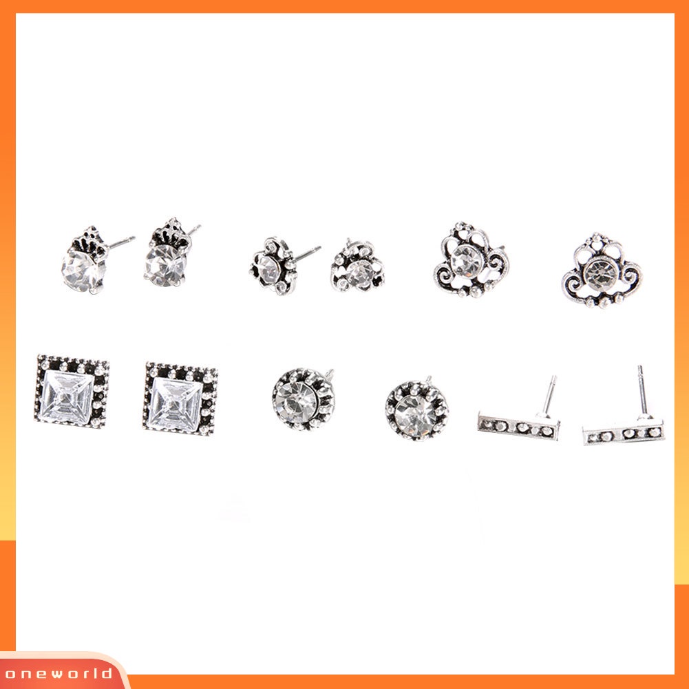 [WOD] 6pasang Campuran Wanita Bohemia Persegi Bulat Mahkota Berlian Imitasi Ear Studs Earrings