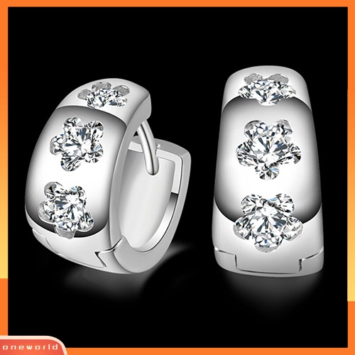 [WOD] Unisex Perak Disepuh Gypsophila Bunga Berlian Imitasi Ear Studs Hoop Huggie Earrings