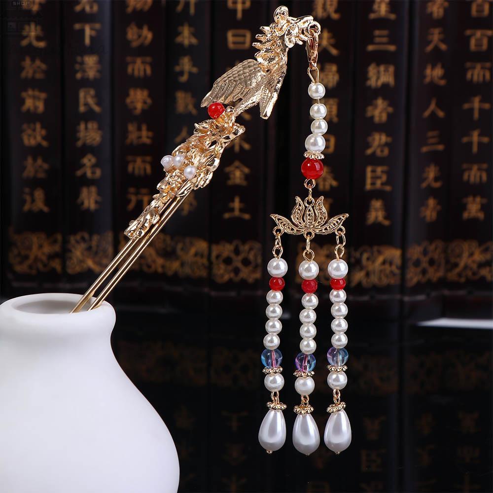 Agustina Wanita Hanfu Jepit Rambut Untuk Gadis Bulang Retro Mutiara Bridal Bunga Burung Rumbai Rambut Cina Garpu