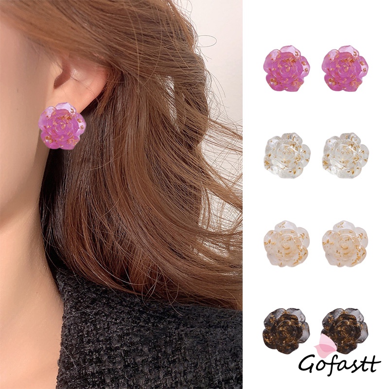 Anting Bunga Transparan Foil Emas Anting Mawar Krim Lem Buatan Tangan Anting-G