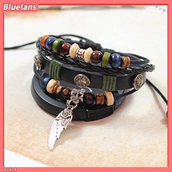 [BLS] Unisex Vintage Multilayer Faux Kulit Sayap Pesona Manik-Manik Kayu Gelang Bangle