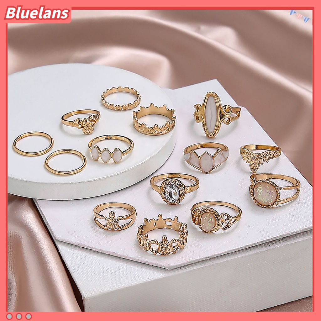 [BLS] 14pcs Hollow Stackable Knuckle Rings Alloy Gaya Etnik Langit Berbintang Permata Imitasi Jari Rings Perhiasan Aksesori