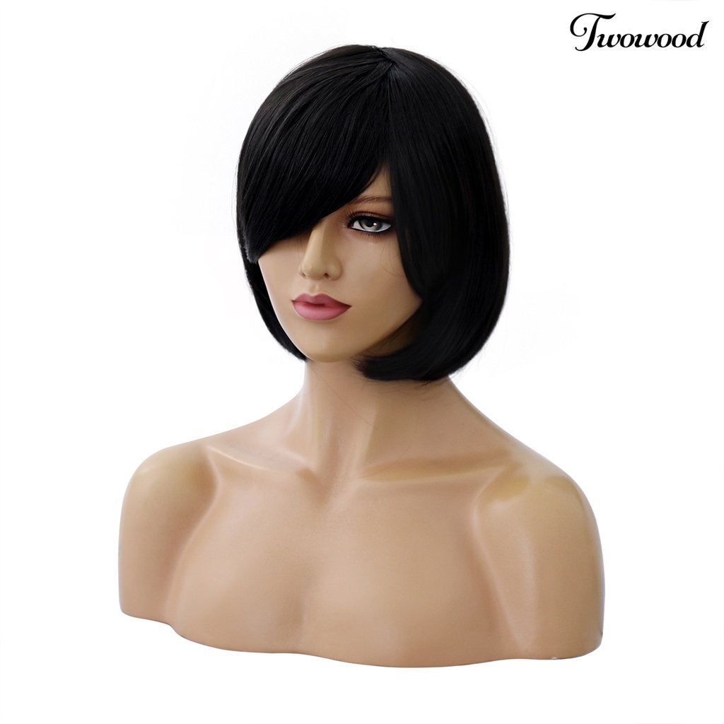 Twowood Wanita Fashion Miring Frisette Pendek Hitam Lurus Pesta Cosplay Rambut Ekstensi Wig