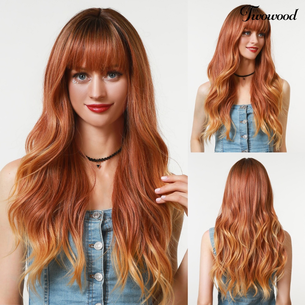 Twowood Wanita Wig Rambut Rapi Poni Bernapas Ringan Halloween Cosplay Wig Gelombang Panjang Untuk Perempuan