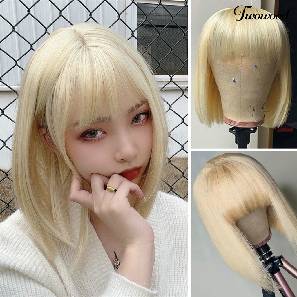 Twowood Rambut Pendek Lurus Fashion Mudah Dipakai Berbulu Trendi Cahaya Warna Emas Kosmetik Aksesori Suhu Tinggi Sutra Panjang Bahu Wig Rambut Pendek Untuk Lady