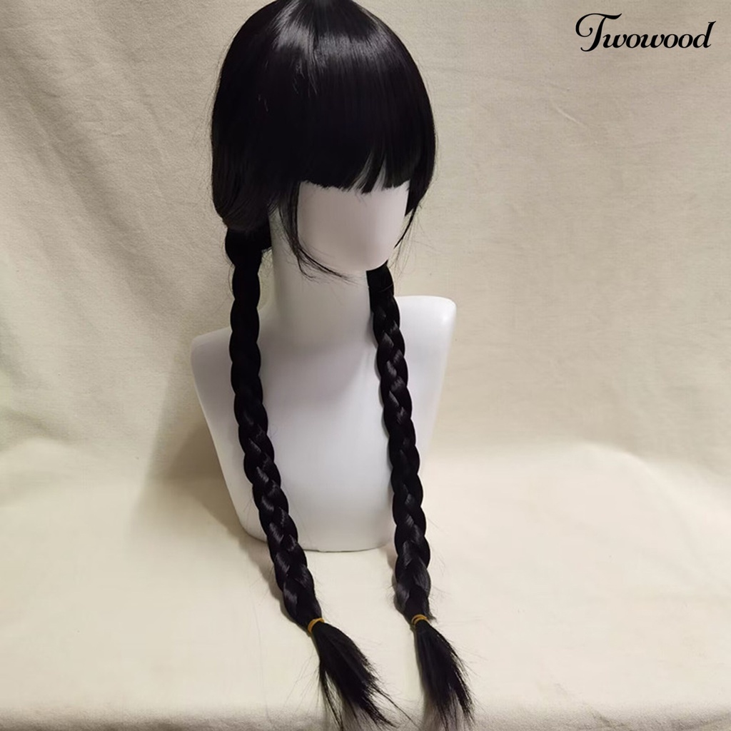 Twowood Serat Suhu Tinggi Dikepang Halus Wig Dengan Poni Film Rabu Addams Cosplay Wanita Wig Alat Styling Rambut