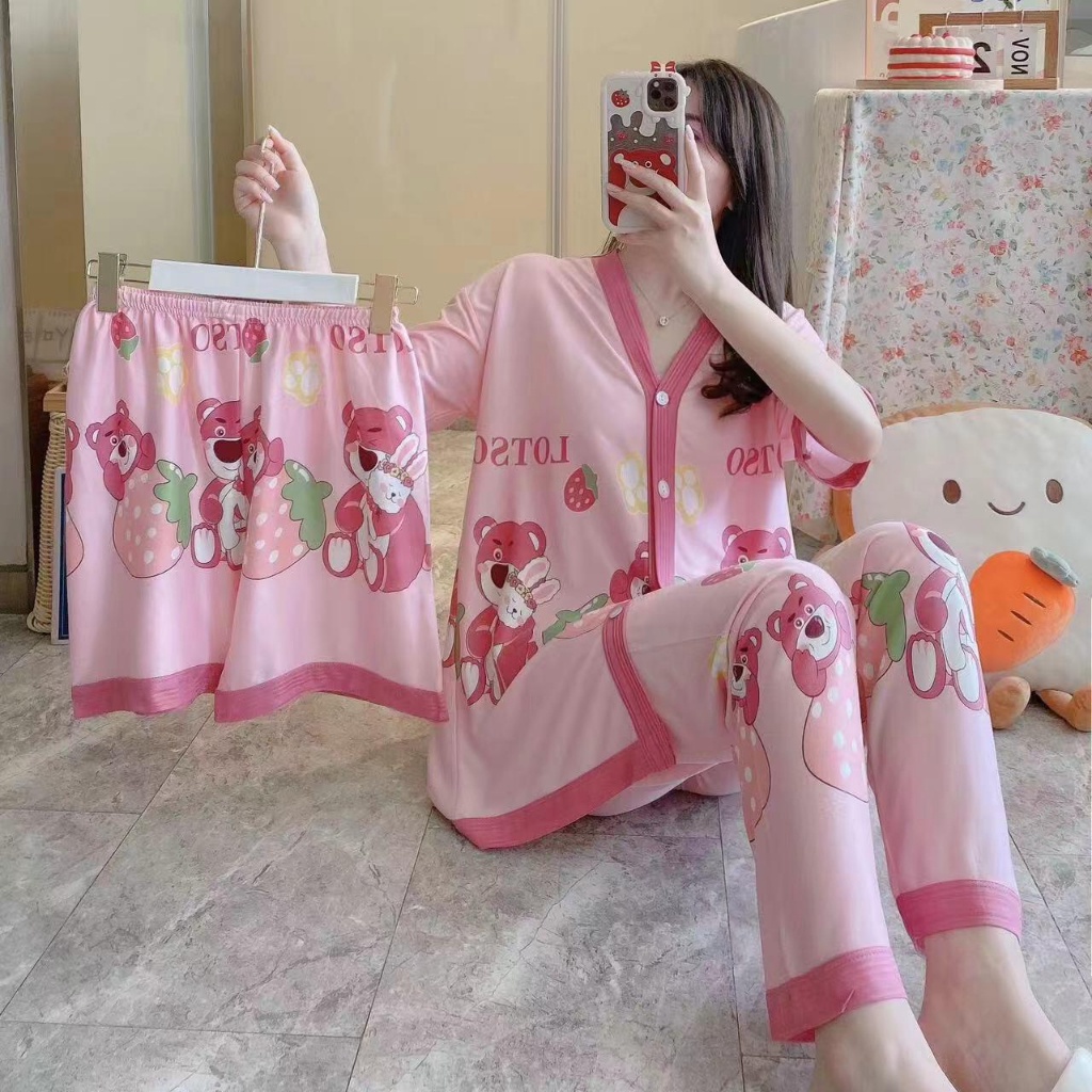 TOPGROSIR TG1735 Set Piyama Baju Tidur Wanita 3 in 1 Import / Baju Tidur Oversize Wanita Berkancing