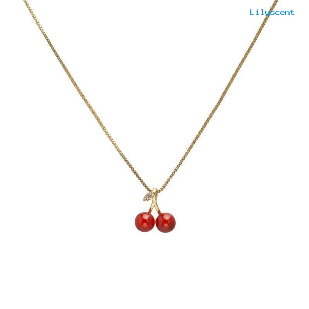 [LS]Wanita Kalung Elegan Emas Slim Rantai Dainty Ringan Hadiah Hypoallergenic Ceri Merah Liontin Kalung Fashion Perhiasan