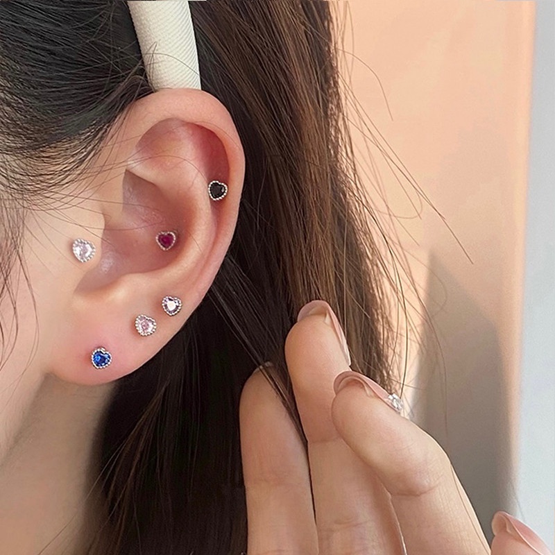 Roselife S925 Perak Bersinar Hitam Transparan Zirkon Jantung Tindik Sekrup Anting Untuk Wanita Perempuan Anti Alergi Double-end Tindik Kecil Kristal Stud Earring Perhiasan Telinga 1pasang