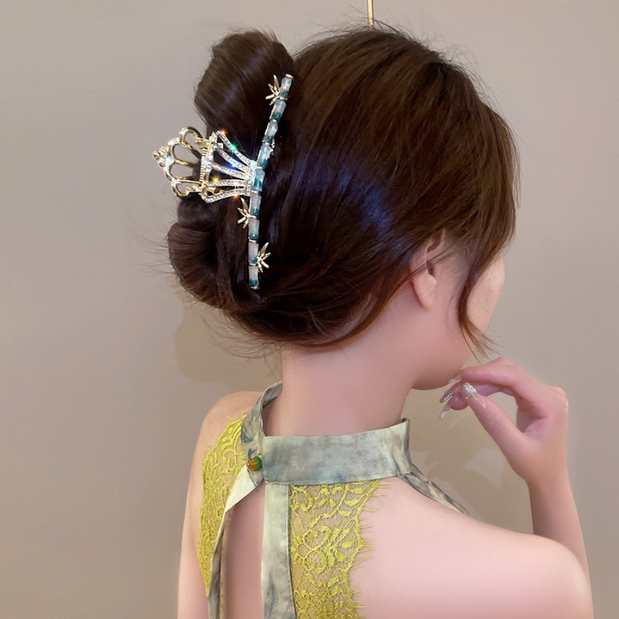 Klip Rambut Bambu Kristal Paduan Cina Berlian Imitasi Mahkota Wanita Jepit Rambut Ponytail Holder Aksesoris Rambut