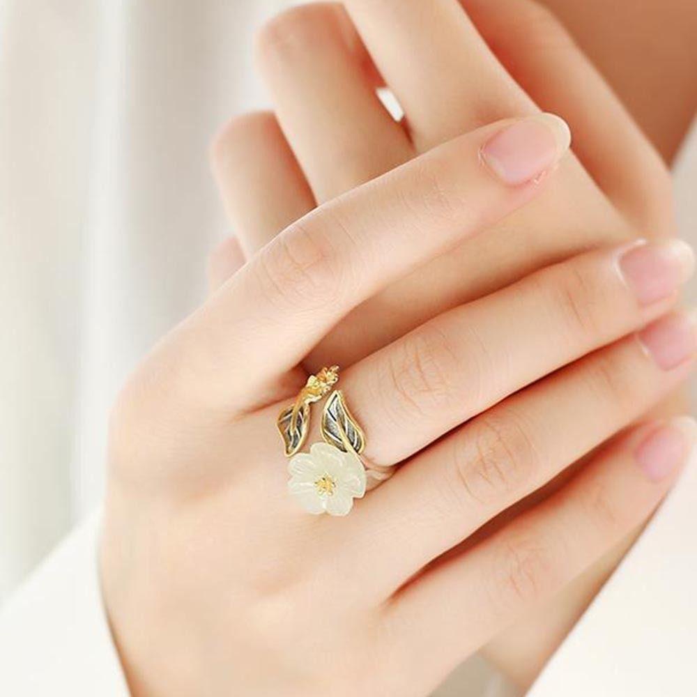 NEEDWAY Needway Hetian Jade Cincin Manis Baru Trendi Unisex Aksesoris Wanita Vintage Pesona Pesta Perhiasan Gaya Cina Cincin Bunga Hadiah Hari Valentine Dapat Disesuaikan Bergaya Rings