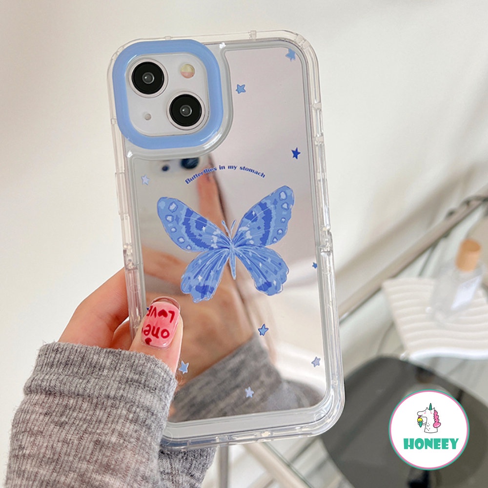 IPHONE Biru Kupu-Kupu Cermin Rias Invisible Stand Phone Case Untuk Iphone14 12 13 11 Pro Max14 12 Pro Bintang Kecil Shockproof Back Cover