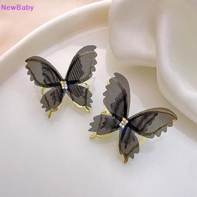 Newbaby Big Mesh Butterfly Earrings Romantis Tulle Hewan Hitam Putih Kupu-Kupu Stud Earrings Pesta Pernikahan Fashion Perhiasan ID