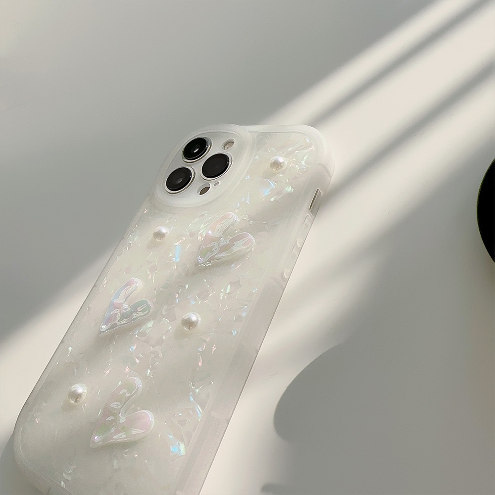 IPHONE 3d Pearlescent Kerang Cinta Hati Dengan Manik-Manik Mutiara Shell Pola Perlindungan Penuh Ponsel Soft Case Cover Untuk Iphone7 8 PLUS X XR XS 11 12 13 14 MINI PRO MAX Se2020