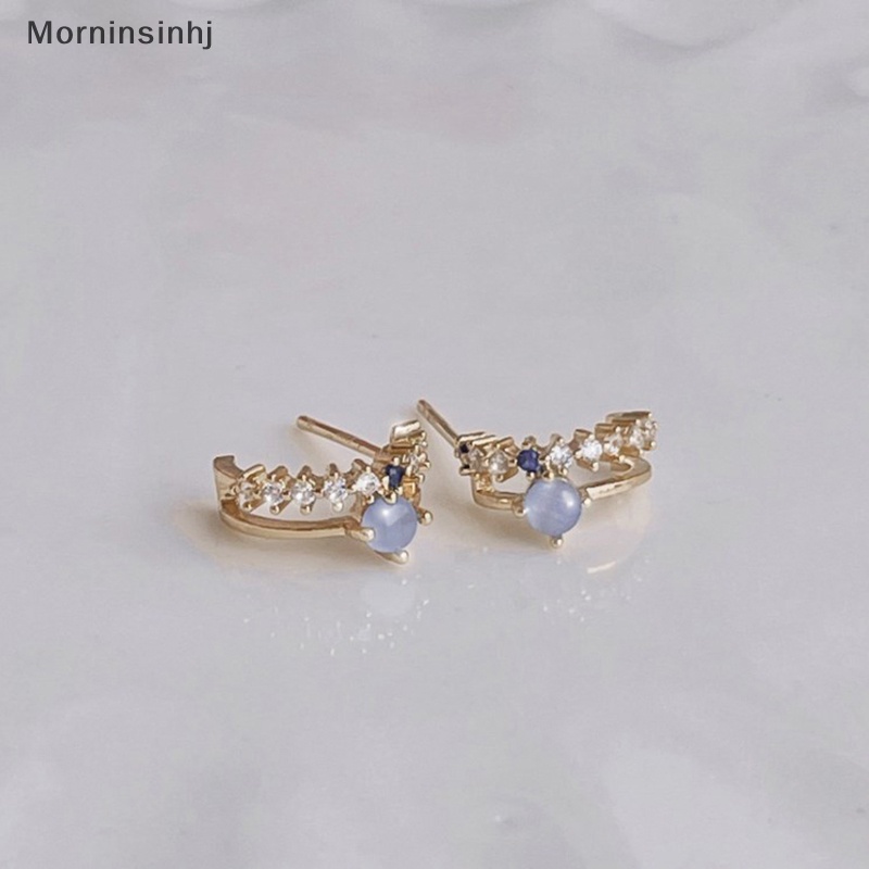 Mornin Blue Opal Stud Earrings Untuk Wanita Korea Cahaya Zirkon Mutiara Fashion Kristal Manis Anting Gadis Perhiasan id