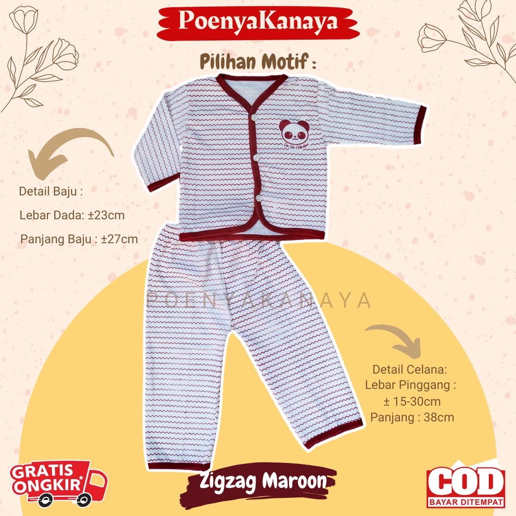 Setelan Baju Bayi Piyama Bayi Panjang Kancing Salur Zigzag Panda 0-6 Bulan SPY50