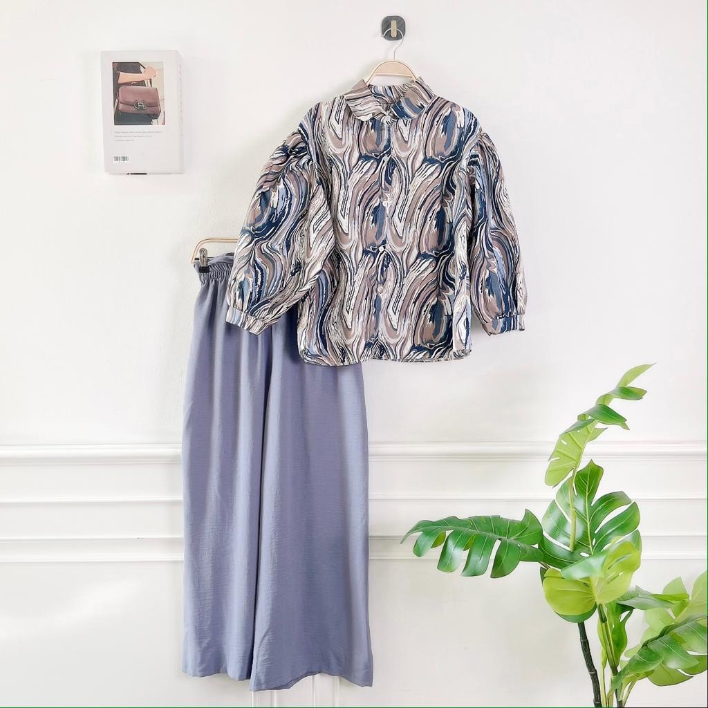 BEFAST - ZEC OOTD WANITA SETELAN ARISA / One Set Ghalaxie Marble / Pakaian Casual Wanita / Set Atasan Kemeja Lengan Panjang Motif Abstrak+Celana Kulot Panjang / Fashion Kekinian Remaja ABG / Setelan Terlaris