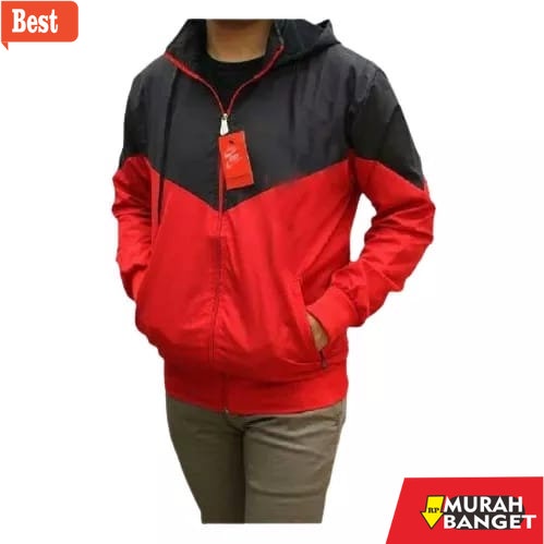 Jaket parasut pria terbaru- Jaket Parasut Kombinasi Hitam Merah