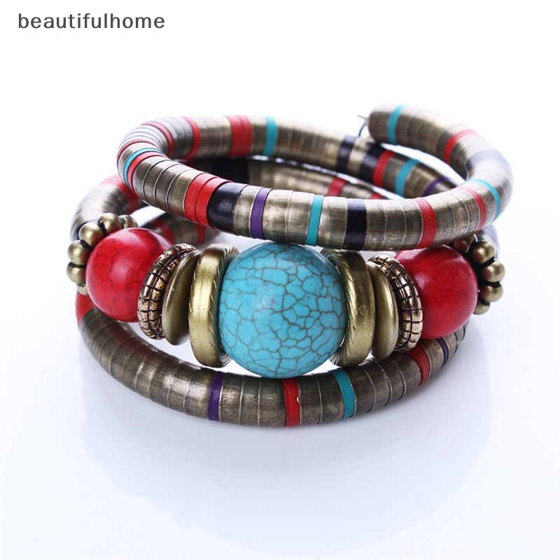 {beautifulhome} Wanita Warna Perak Imitasi Turquoise Boho Adjust Bangles Charm Chic Beads Bracelets.