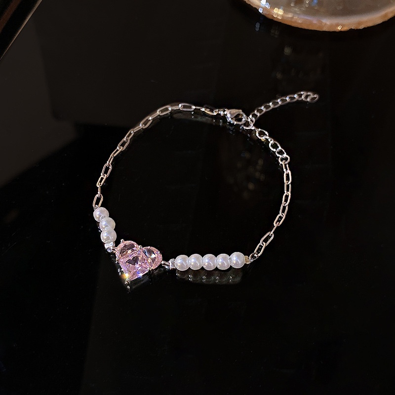 Gelang Kristal Hati Pink Lucu Y2K Mutiara Liontin Gelang Untuk Wanita Fashion Perhiasan Aksesoris