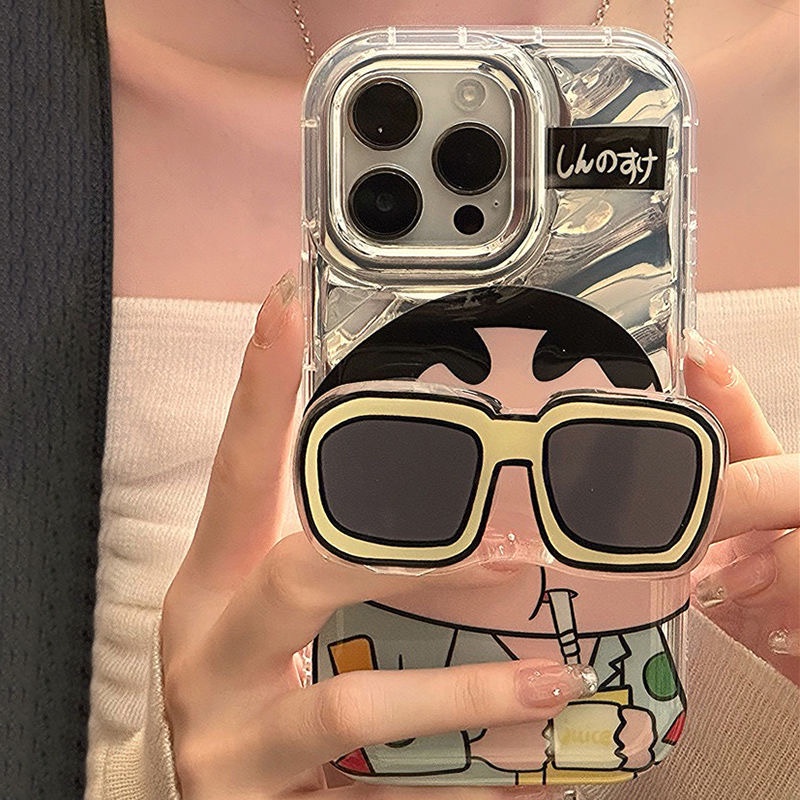 【Sunglasses Shin-chan】So Cool Laser Wave Gradient Silver Airbag SoftCase IPhone 11 12 13 14 Pro Max X XR XS MAX 14 Plus Protect Case girl women's Fashion Cute Phone Case