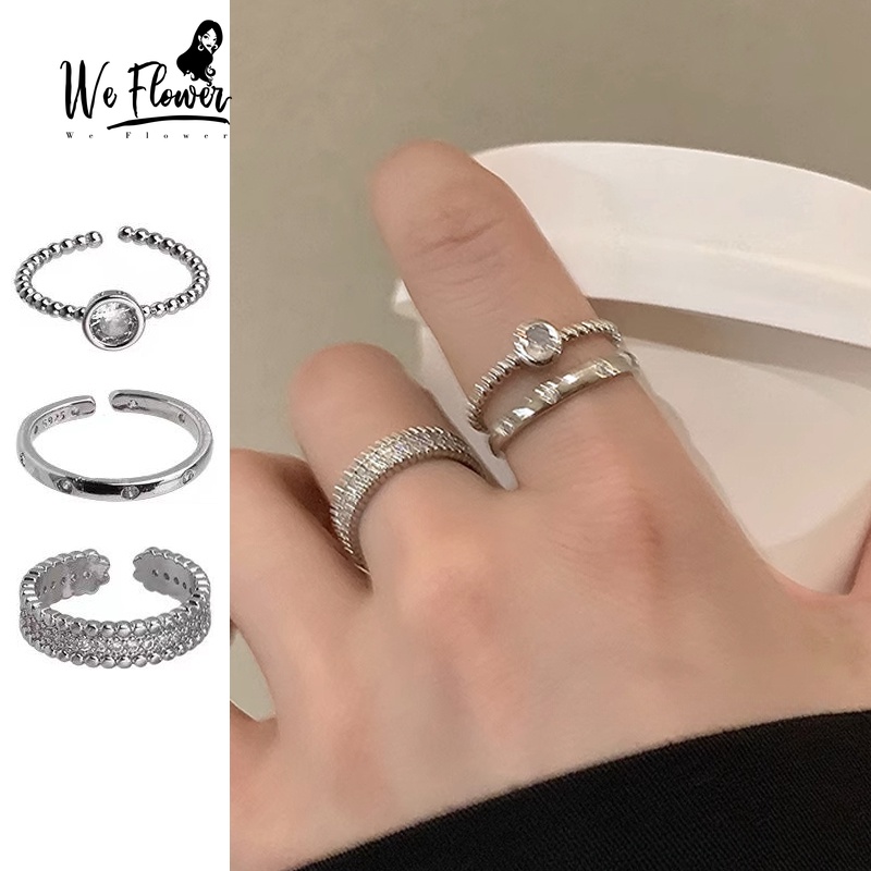 We Flower 3 Pcs Vintage Perak Bersinar Zirkon Cincin Untuk Wanita Gadis Minimalis Trendi Geometris Jari Cincin Perhiasan Aksesoris