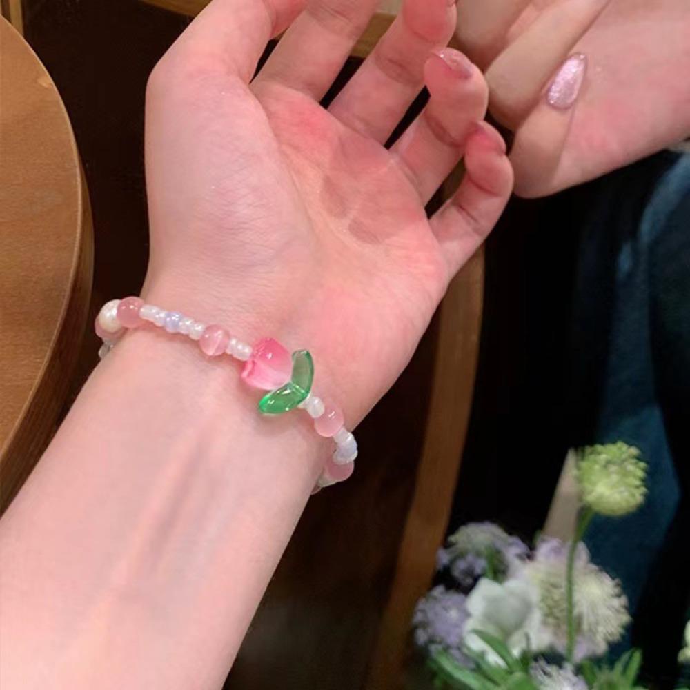 Mxbeauty Gelang Kupu-Kupu Kerajinan Tangan Manis Cinta Hati Kristal Bunga Busur Rantai Tangan Tulip Akrilik Untuk Perempuan