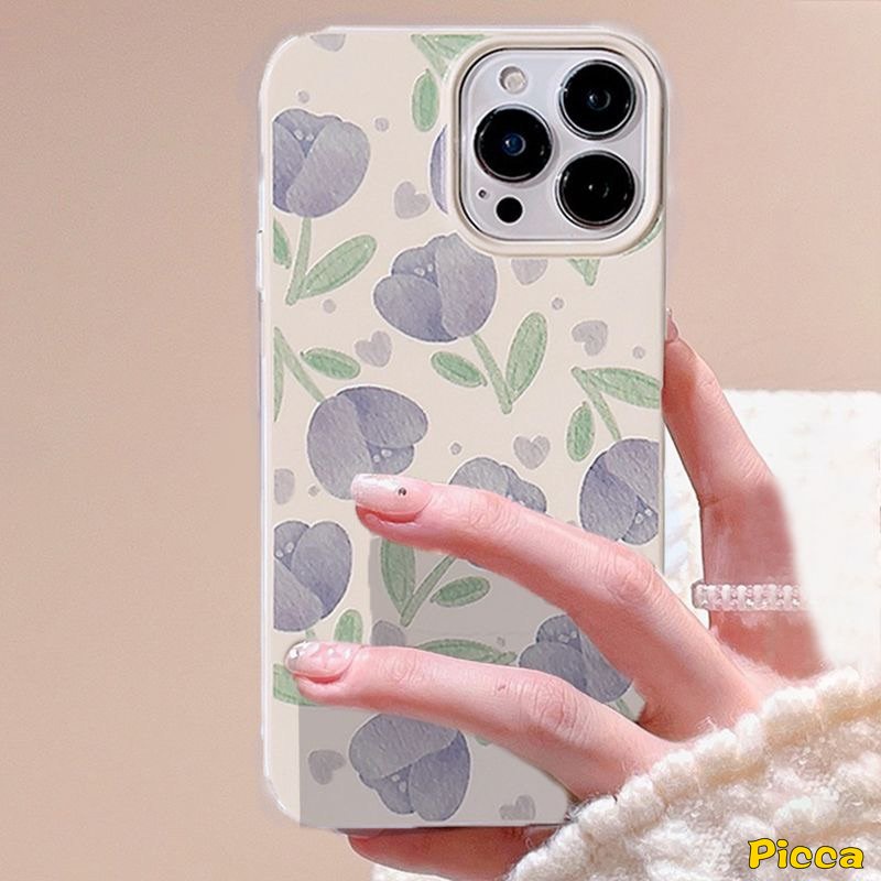 IPHONE Ins Musim Panas Lukisan Minyak Tulip Ponsel Case Kompatibel Untuk Iphone11Xr 7plus7 8 Plus X XS Max 12 11 14 13 Pro Max SE 2020 Tiga Bunga Segar Halus Shockproof Lembut Tpu Penutup Belakang