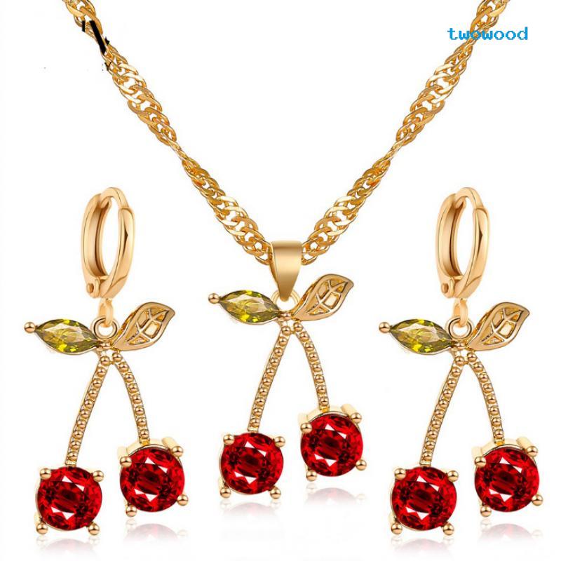 Twowood Cute gemstone cherry suit Kalung Wanita Model Wanita Kristal Sederhana Dan Serbaguna