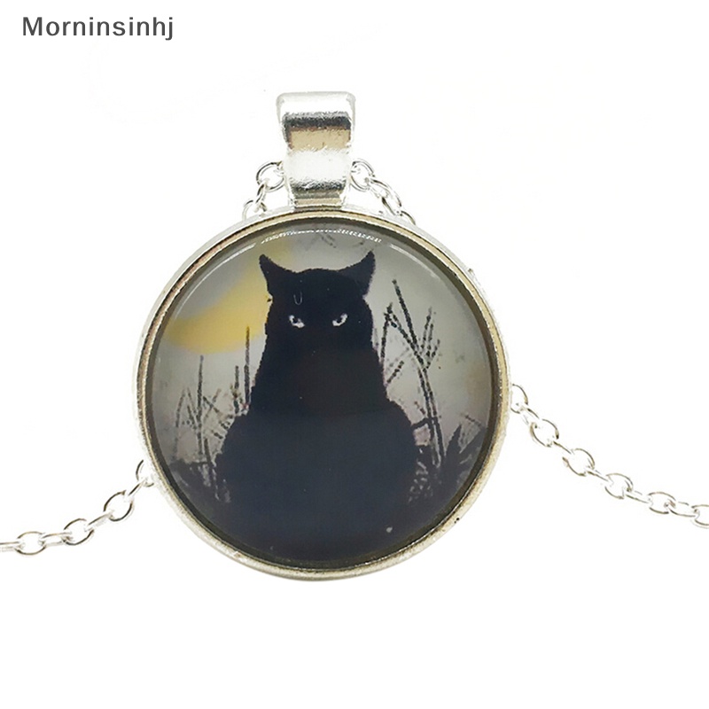 Mornin Chic Wanita Vintage Black Cat Cabochon Silver Plated Rantai Kaca Liontin Kalung id