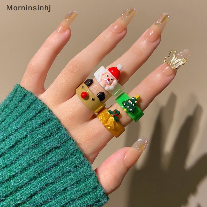 Mornin Santa Elk Snowman Xmas Tree Natal Resin Cincin Lucu Kartun Geometris Bulat Cincin Xmas Perhiasan Hadiah id