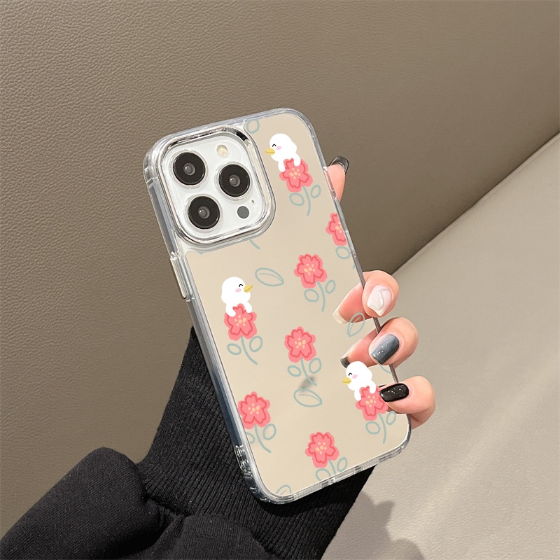 IPHONE Casing Ponsel Cermin Bunga Merah Kompatibel Untuk Iphone11 12 13 14 12Pro 13Pro 14Pro Pro Max XR X XS Max Electroplating Tombol Perlindungan Mirror Cover