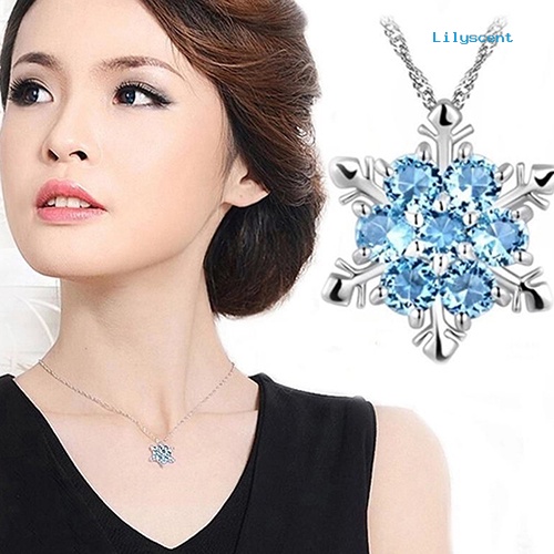 [LS] Fashion Wanita Perak Berlapis Dazzing Snowflake Berlian Imitasi Biru Kalung Liontin