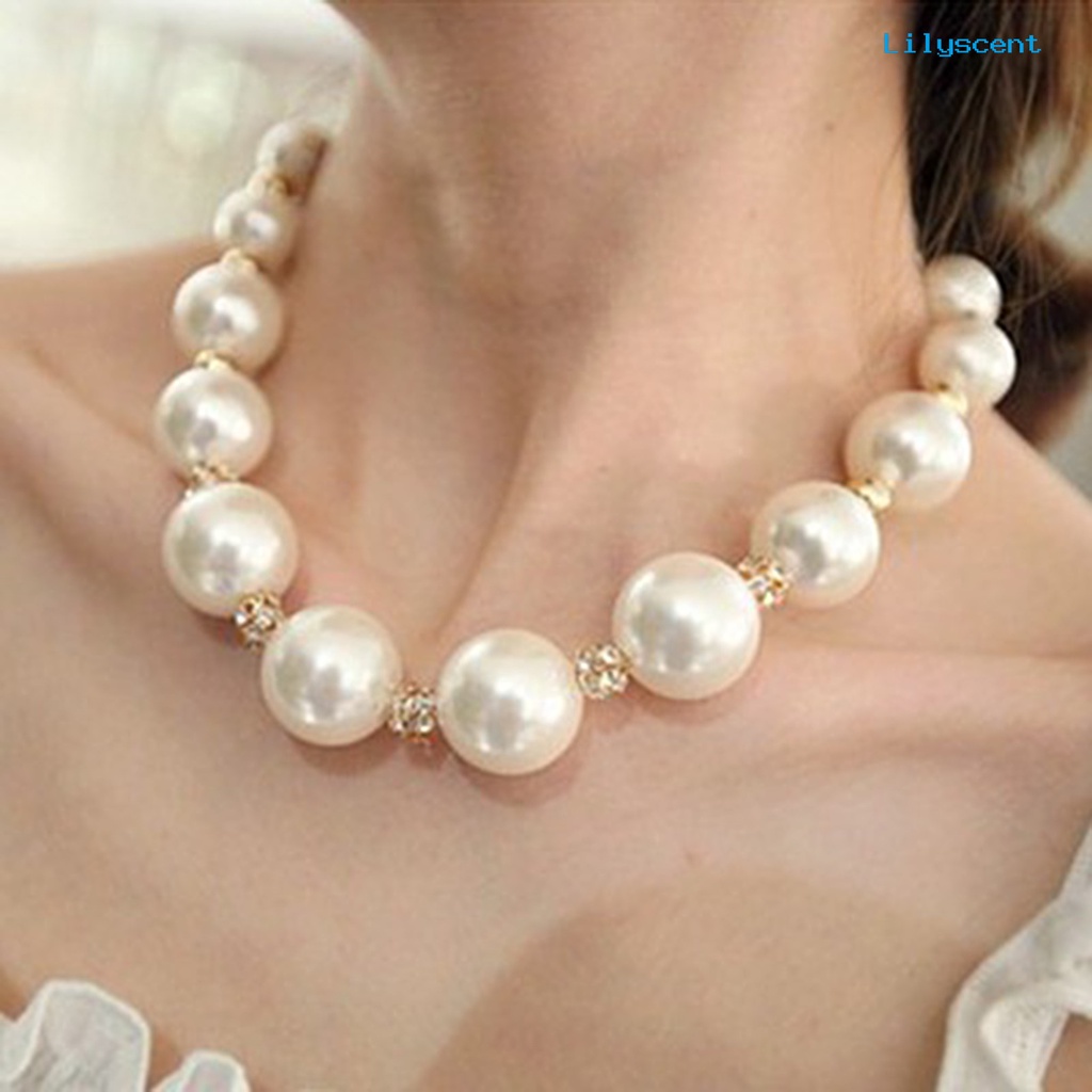 [LS]Faux Kalung Wanita Mutiara Berlian Imitasi Bahan Alloy Bulat Tipe Pendek Necklace Untuk Valentine Day