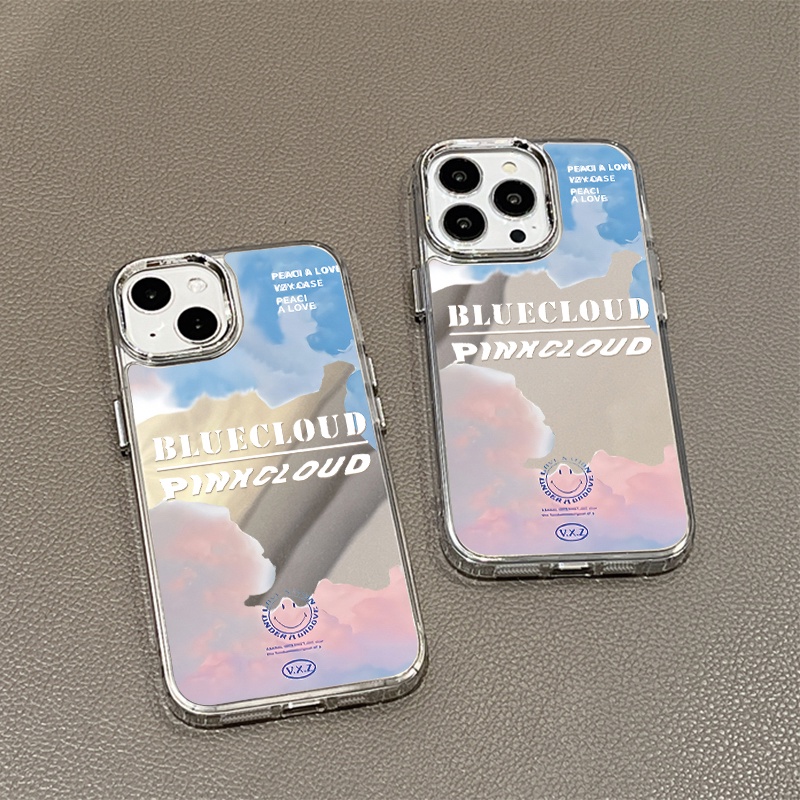 IPHONE Casing Ponsel Cermin Awan Biru Pink Kompatibel Untuk Iphone11 12 13 14 12Pro 13Pro 14Pro Pro Max XR X XS Max Electroplating Tombol Perlindungan Mirror Cover