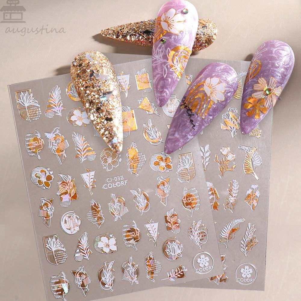 AUGUSTINA Agustin 3D Stiker Kuku Laser Warna-Warni Daun Tanaman Tropis Bunga Sliders Decals DIY Nail Art Dekorasi