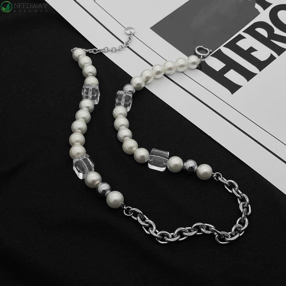 NEEDWAY Kalung Mutiara Kristal Trendi Industri Berat Sederhana Baja Titanium Hip Hop Wanita Rantai Klavikula