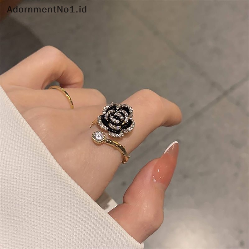 [AdornmentNo1] Korea hitam Rose bunga berbentuk cincin pembukaan untuk wanita gadis Fashion cahaya zirkon cincin jari telunjuk yang dapat disesuaikan perhiasan pesta