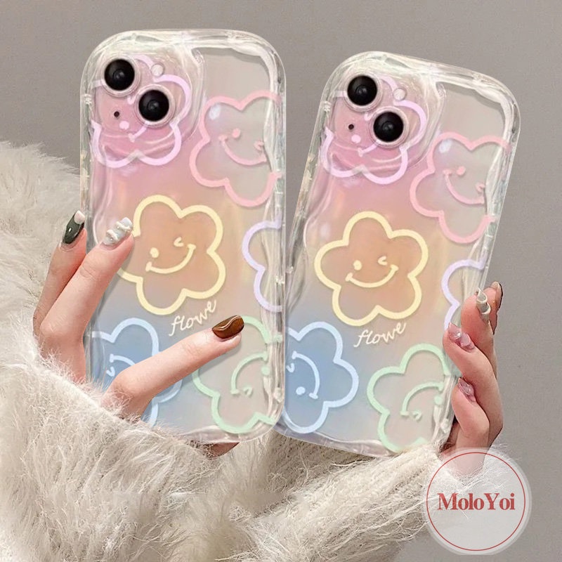 Cartoon Smiley Fresh Flowers Holder Bracket Case Compatible for IPhone 7 6 8 6s Plus XR X XS Max 11 14 13 12 Pro Max SE 2020 3D Wavy Curved Edge INS Korean Colorful Graffiti Cover