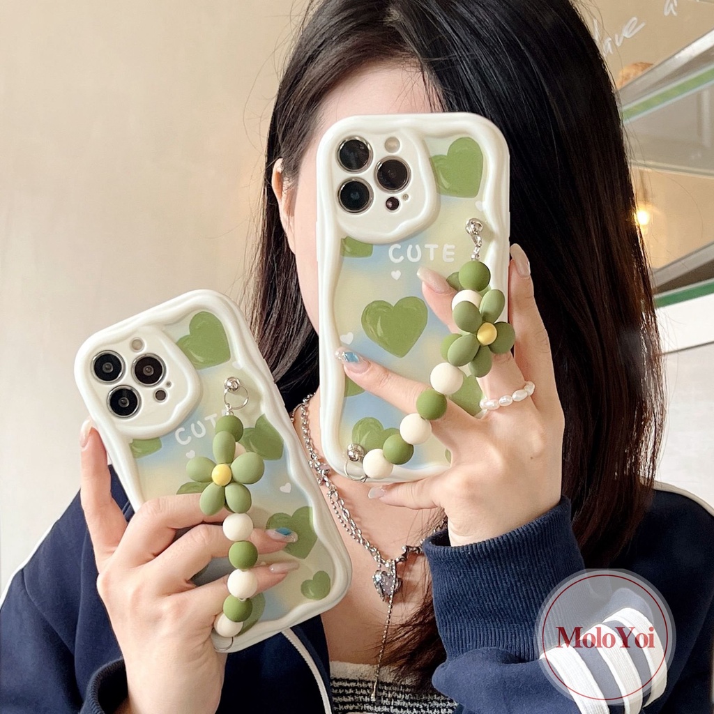 Oil Paint Green Love Heart Case Compatible For iPhone 7Plus XR XS X Max 11 13 12 14 Pro Max 6 7 8 6s Plus SE 2020 3D Wavy Curved Edge Bead Flower Hand Strap Bracelet Phone Cover