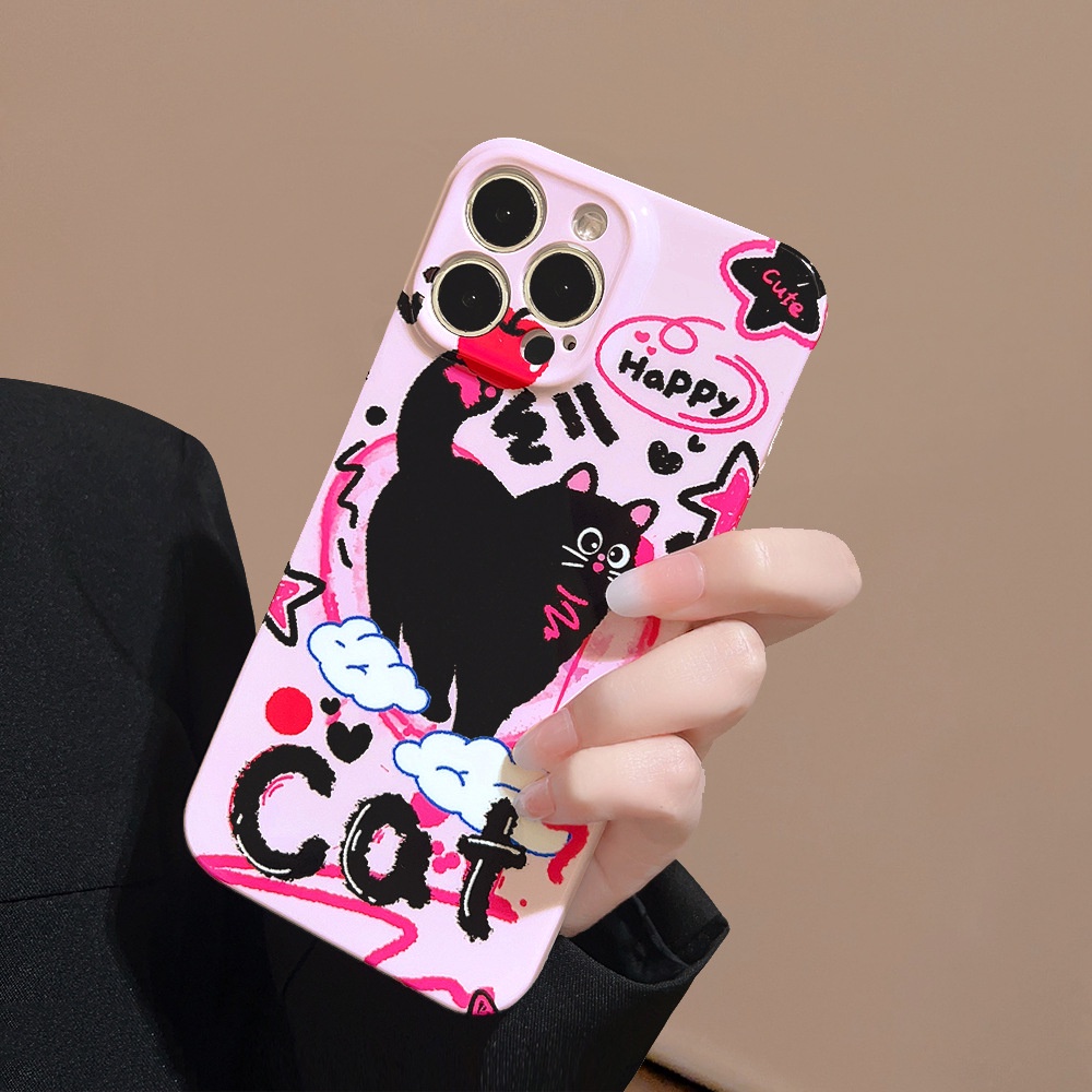 IPHONE Keren Doodle Punk Black Cat Pink Ponsel Hard Case Film Cover Pelindung Untuk Iphone7 8 PLUS X XR XS 11 12 13 14 PRO MAX SE