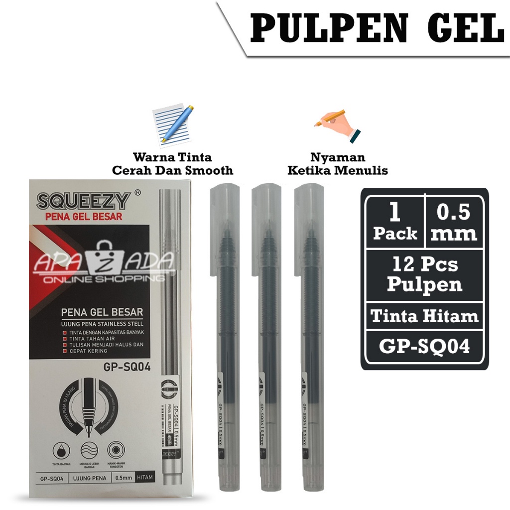 

Apazada - Gel Pen / Pulpen Gel Tinta Hitam 0.5mm [1 Pack - 12 Pcs Pulpen] / Pena Squeezy Smooth / Pen GP-SQ04