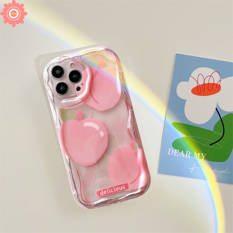 Casing Ponsel Korea Lucu Pink Peach Kompatibel Untuk IPhone 7Plus 11 13 14 12 Pro Max XR 7 6s 6 8 Plus X XS Max SE 2020 8Plus Kotak-Kotak Cinta Hati Musim Panas Buah Bening Soft Cover