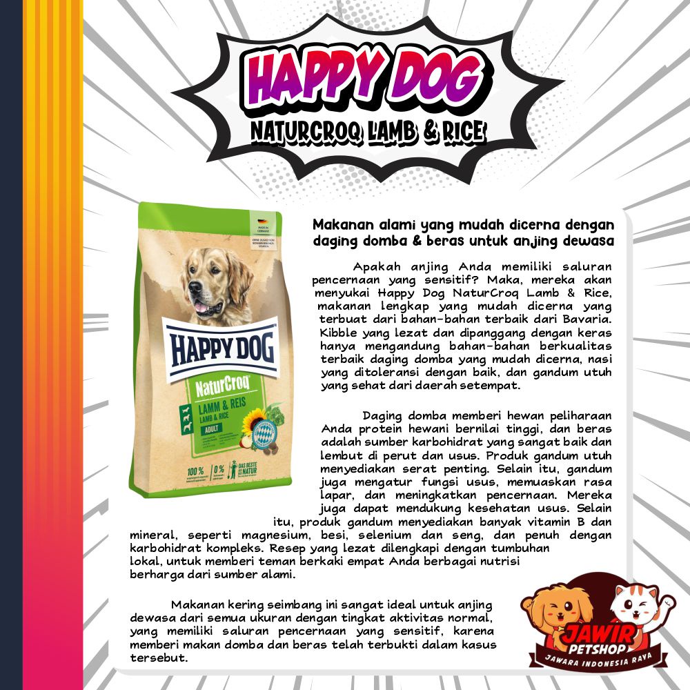 Happy Dog NATURCROQ ADULT LAMB &amp; RICE 15kg food hd makanan anjing domba pencernaan sensitiv sensitif dewasa ras besar large dogs golden and herder husky dogfood freshpack happydog hapy naturecroq natur croq nature dry kering murah 15 kg 1 sak karung