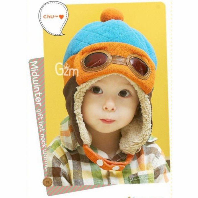 TOPI BAYI PILOT KUPLUK ANAK PILOT PORORO KOREA STYLE BABY COWO CEWE - Biru