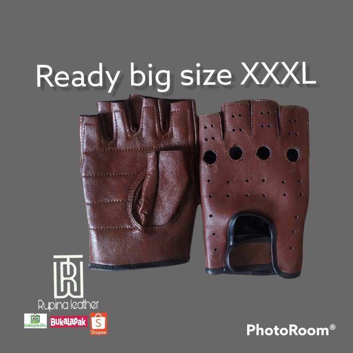 sarung tangan motor kulit  half pria  big size jumbo XXL XXXL - Cokelat, S