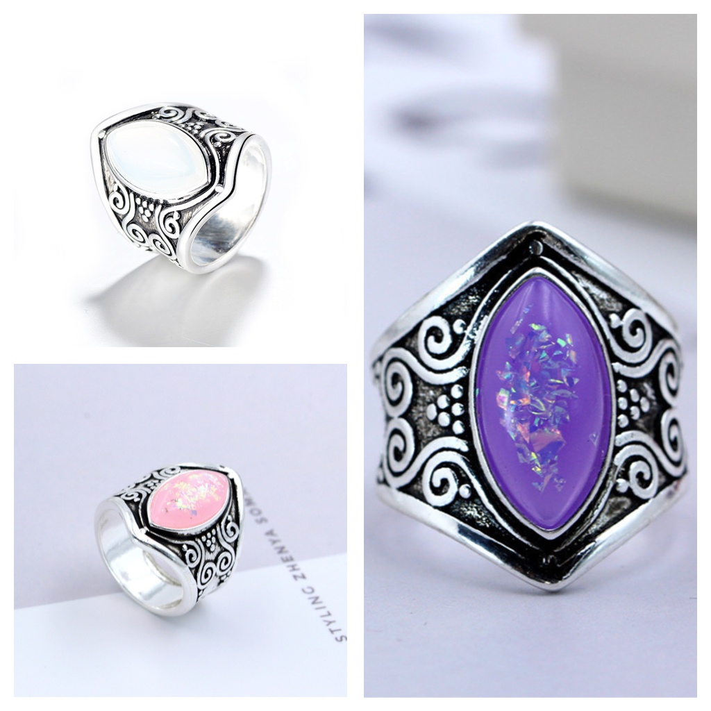 Goldkingdom Fashion Perhiasan Aksesoris Ready Stock Fashion Retro Moonstone Marcasite Cincin Punk Angin Berlebihan Perhiasan Tangan Di Eropa Dan Amerika.